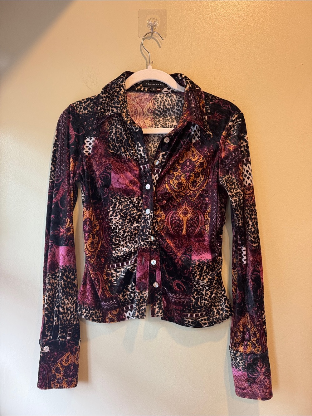Women’s Purple Cheetah Print Patchwork Print Button-Up Top